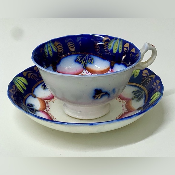 19th Century Antique Gaudy Welsh Banana Pattern Teacup & Saucer Set - Picture 1 of 10